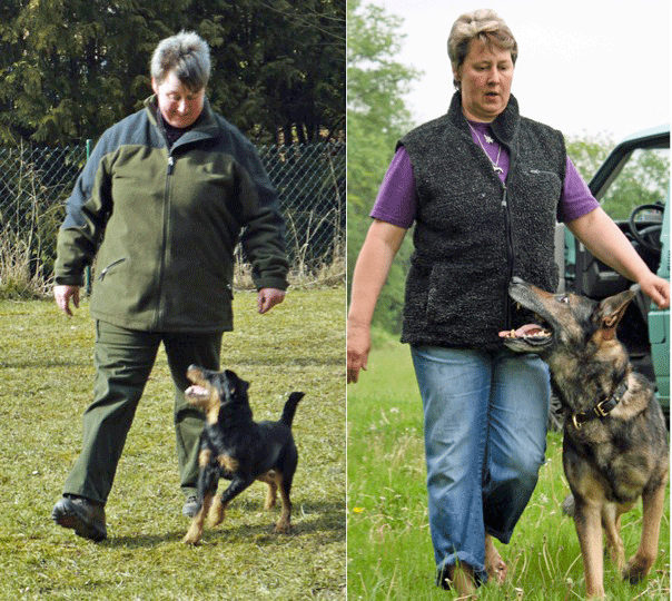 Andrea Kühne und "Pikus"/ Lobo bei der Unterordnung:Beide Hunde, obwohl sie sehr unterschiedliche Typen sind, sind hochkonzentriert. Sie"fragen" über Blickkontakt: was machen wir als nächstes? Diese Konzentration unter größter Ablenkung zu halten, setzt geduldiges Training mit sachkundiger Steigerung des Ablenkungsgrades voraus. Fotos: links: Bea Stalter; rechts: Sylvia Prager Pikus Lobo UOkombi